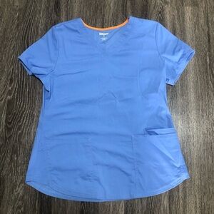 SCRUBSTAR Premium Ciel Blue V-Neck Scrub Top Stretch Orange Trim Size M
